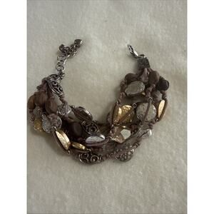 Brighton Riviera Brushed Gold Brown Corded SIlver Beaded Bracelet